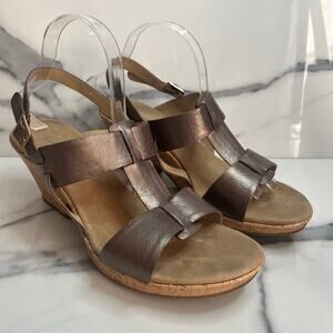 Clarks | Pewter Metallic Leather Strappy Cork Wedge Comfort Sandals Sz 11